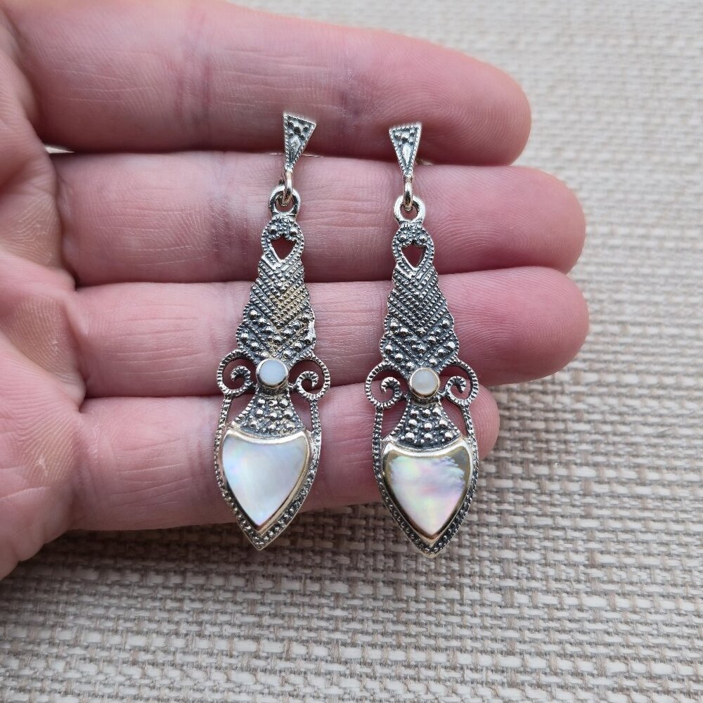 Sterling Silver Worn Shell Long Rustic Dangle Earrings A5228